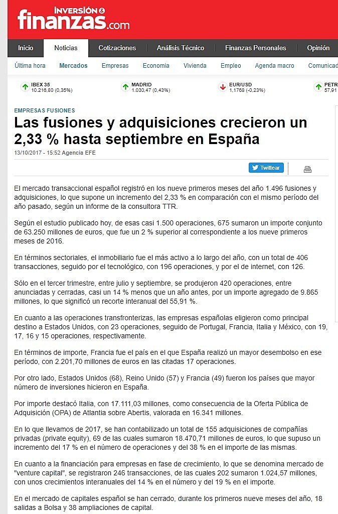 Las fusiones y adquisiciones crecieron un 2,33 % hasta septiembre en Espaa